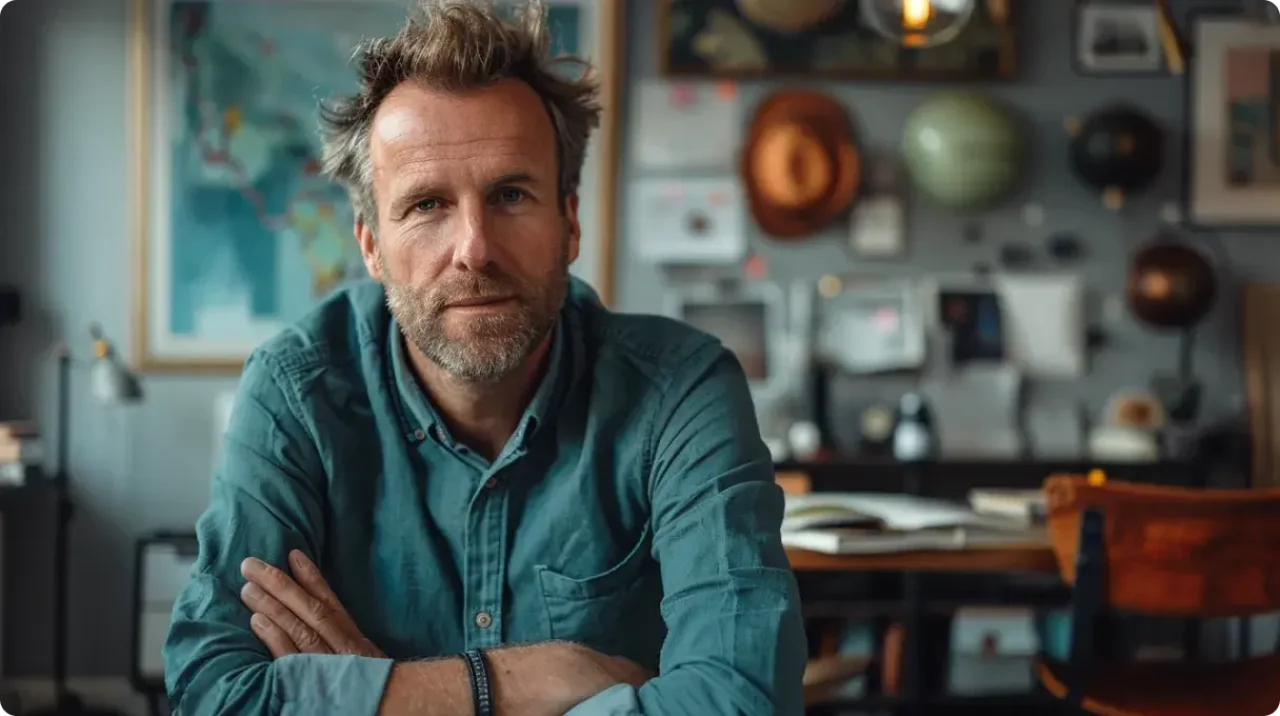 A man sitting at a desk, arms crossed, displaying a confident and assertive posture.